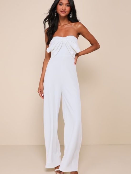 Lulus Pants - Lulus Gleaming Delight White Strapless Pearl Bow Wide-leg Jumpsuit - Size M